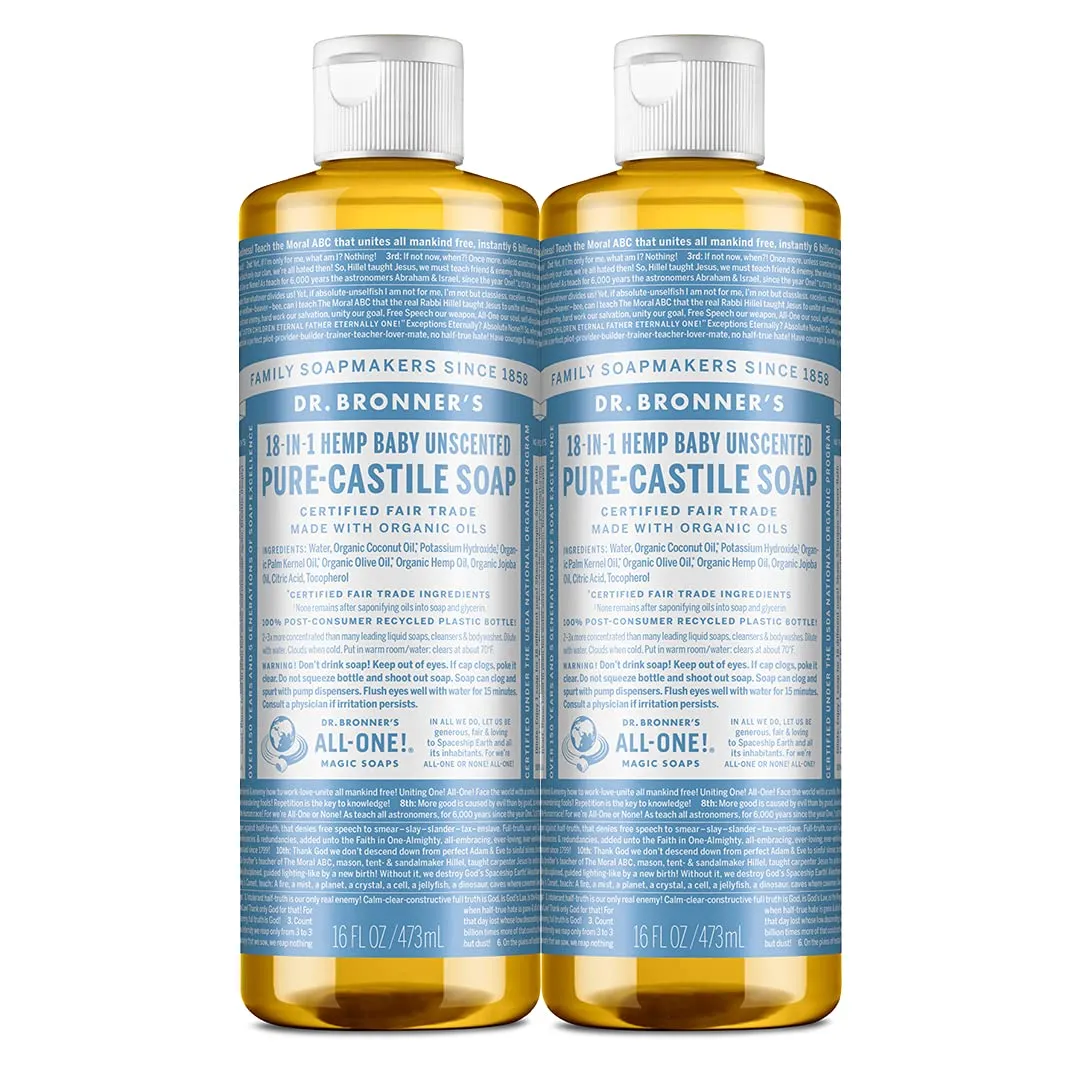 Dr. Bronner's - Pure-Castile Liquid Soap (Baby Unscented, 16 ounce, 2-Pack) - Made with Organic Oils, 18-in-1 Uses: Face, Hair, Laundry and Dishes, For Sensitive Skin and Babies, No Added Fragrance