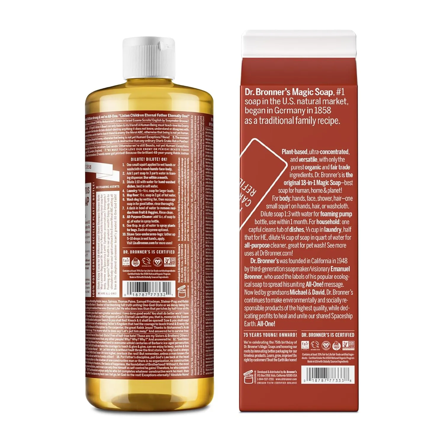 Dr. Bronner's - Pure-Castile Liquid Soap Bottle & Refill Carton Made with 82% Less Plastic (Eucalyptus, 32 oz) - Face, Body, Hair, Laundry, Dishes & More, Super-Concentrated, Organic, Vegan, Non-GMO