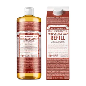 Dr. Bronner's - Pure-Castile Liquid Soap Bottle & Refill Carton Made with 82% Less Plastic (Eucalyptus, 32 oz) - Face, Body, Hair, Laundry, Dishes & More, Super-Concentrated, Organic, Vegan, Non-GMO