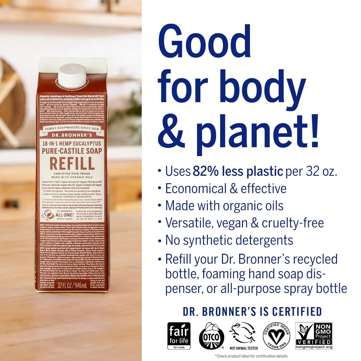 Dr. Bronner's - Pure-Castile Liquid Soap Bottle & Refill Carton Made with 82% Less Plastic (Eucalyptus, 32 oz) - Face, Body, Hair, Laundry, Dishes & More, Super-Concentrated, Organic, Vegan, Non-GMO