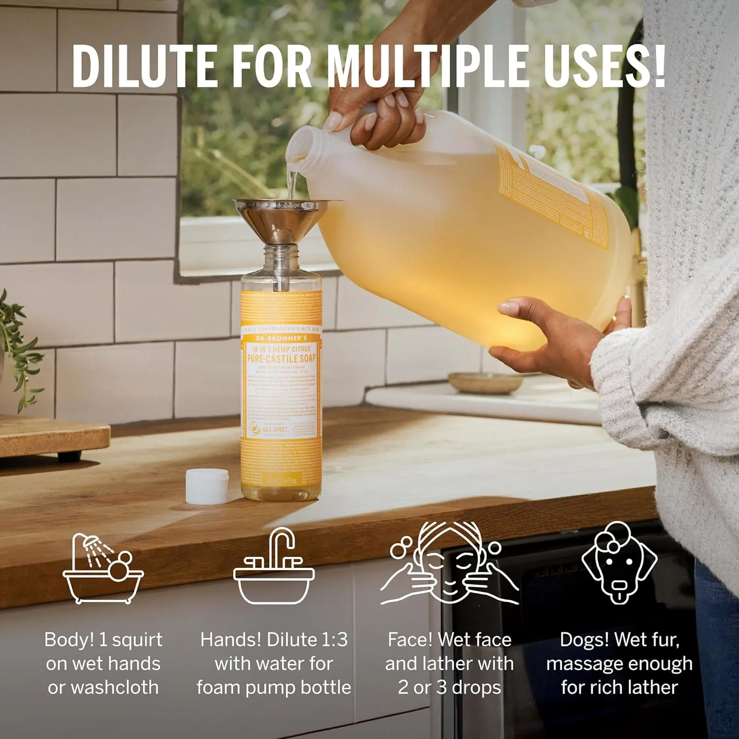Dr. Bronner's - Pure-Castile Liquid Soap (Citrus, 1 Gallon) - Made with Organic Oils, 18-in-1 Uses: Face, Body, Hair, Laundry, Pets and Dishes, Concentrated, Vegan, Non-GMO