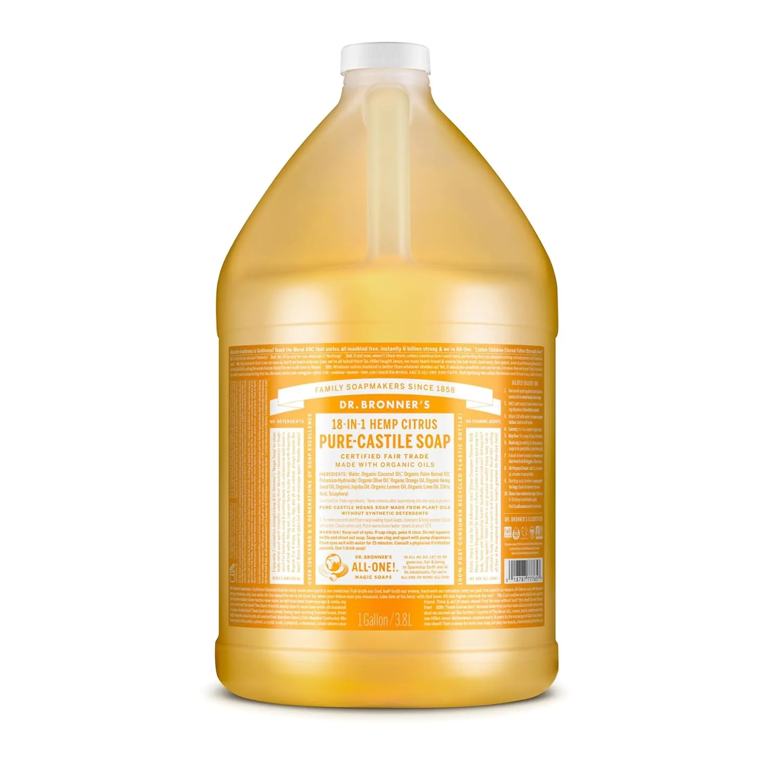 Dr. Bronner's - Pure-Castile Liquid Soap (Citrus, 1 Gallon) - Made with Organic Oils, 18-in-1 Uses: Face, Body, Hair, Laundry, Pets and Dishes, Concentrated, Vegan, Non-GMO
