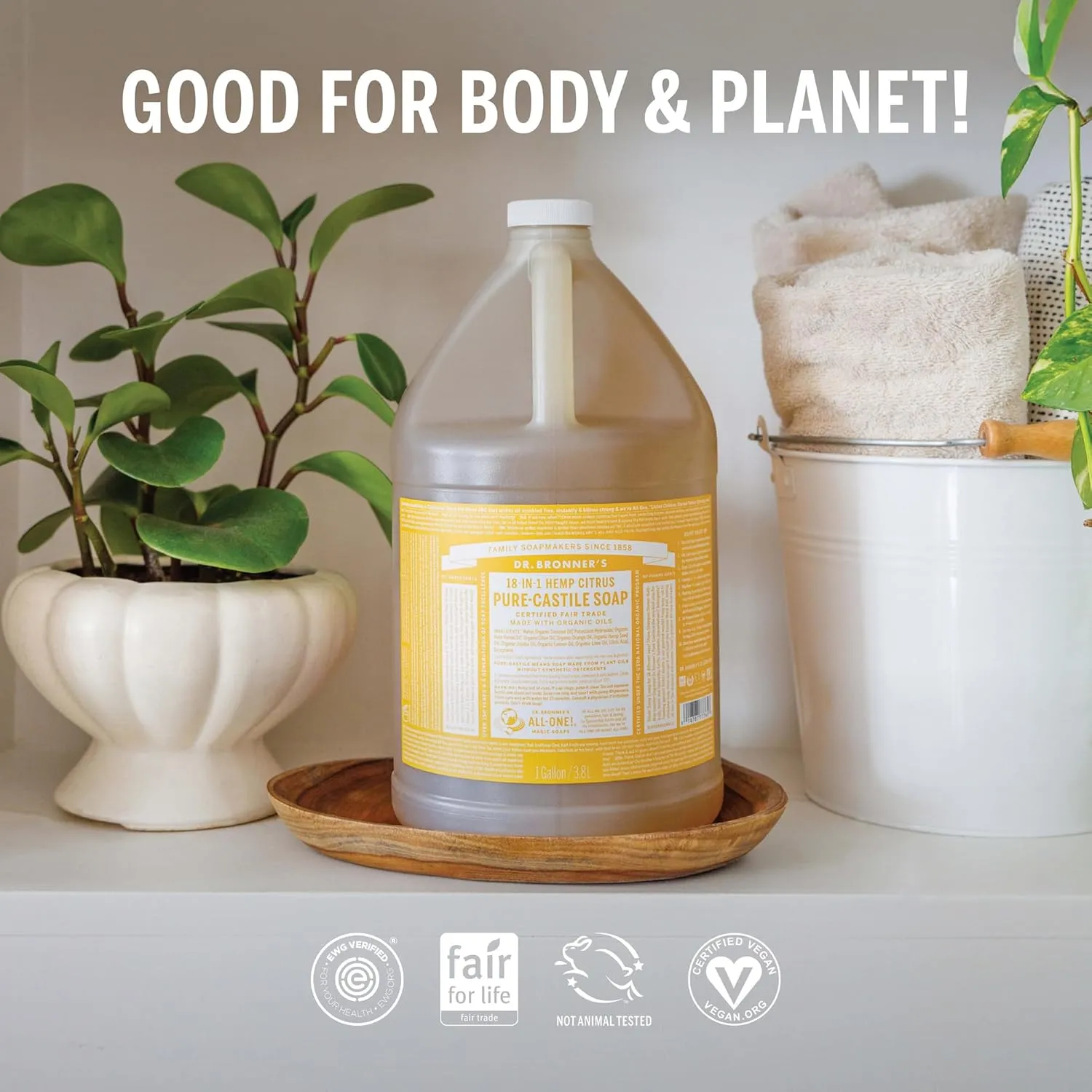 Dr. Bronner's - Pure-Castile Liquid Soap (Citrus, 1 Gallon) - Made with Organic Oils, 18-in-1 Uses: Face, Body, Hair, Laundry, Pets and Dishes, Concentrated, Vegan, Non-GMO