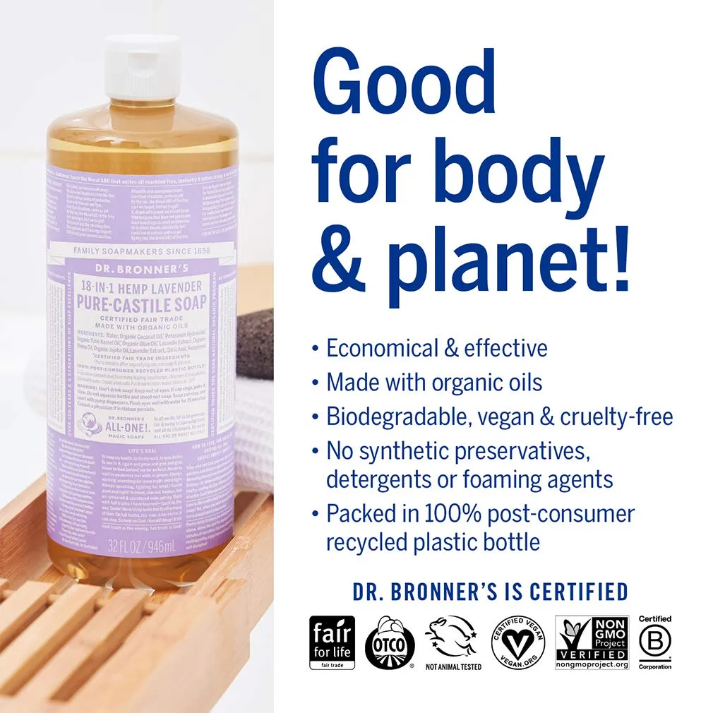 Dr. Bronner's Pure-Castile Liquid Soap – Lavender Bundle. 32 oz. Bottle and 2 oz. Travel Bottle