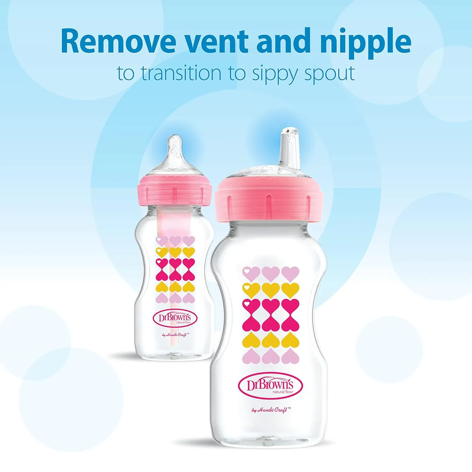 Dr. Brown’s Anti-Colic Options  Wide-Neck Sippy Bottle Starter Kit, 9oz/270mL, with Level 3 Medium-Fast Flow Nipple and Soft 100% Silicone Sippy Spout, Pink, BPA Free, 6m , 2 Pack