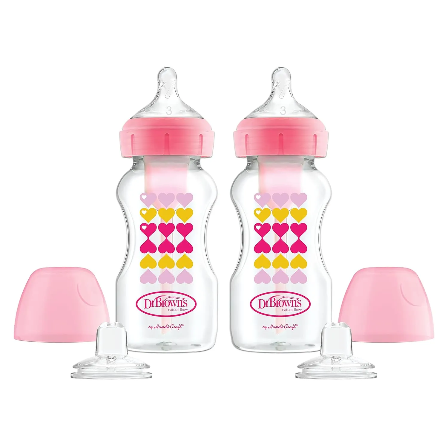 Dr. Brown’s Anti-Colic Options  Wide-Neck Sippy Bottle Starter Kit, 9oz/270mL, with Level 3 Medium-Fast Flow Nipple and Soft 100% Silicone Sippy Spout, Pink, BPA Free, 6m , 2 Pack