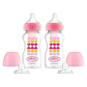Dr. Brown’s Anti-Colic Options  Wide-Neck Sippy Bottle Starter Kit, 9oz/270mL, with Level 3 Medium-Fast Flow Nipple and Soft 100% Silicone Sippy Spout, Pink, BPA Free, 6m , 2 Pack
