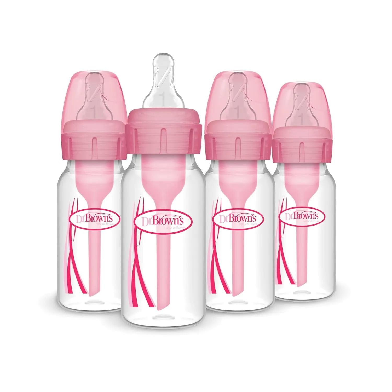 Dr. Brown's Natural Flow Anti-Colic Options  Narrow Baby Bottle, 4 oz/120 mL, with Level 1 Slow Flow Nipple, Pink, 0m , 4 Pack