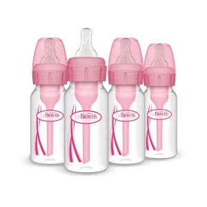 Dr. Brown's Natural Flow Anti-Colic Options  Narrow Baby Bottle, 4 oz/120 mL, with Level 1 Slow Flow Nipple, Pink, 0m , 4 Pack