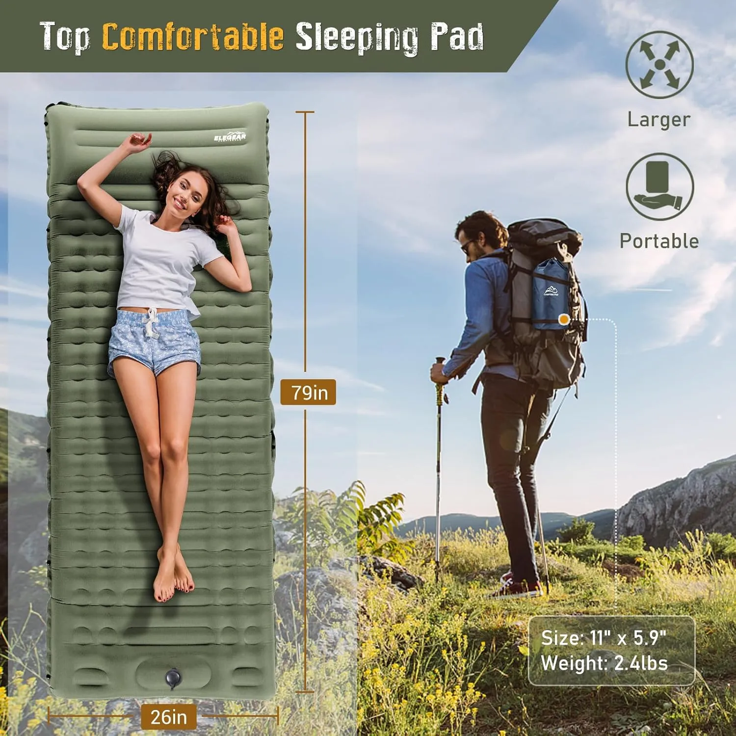 Elegear Self Inflating Sleeping Pad for Camping, 4" Ultra-Thick Camping Mattress Pad with Pillow Built-in Foot Pump, Portable Sleeping Mat for Backpacking, Hiking, Tent