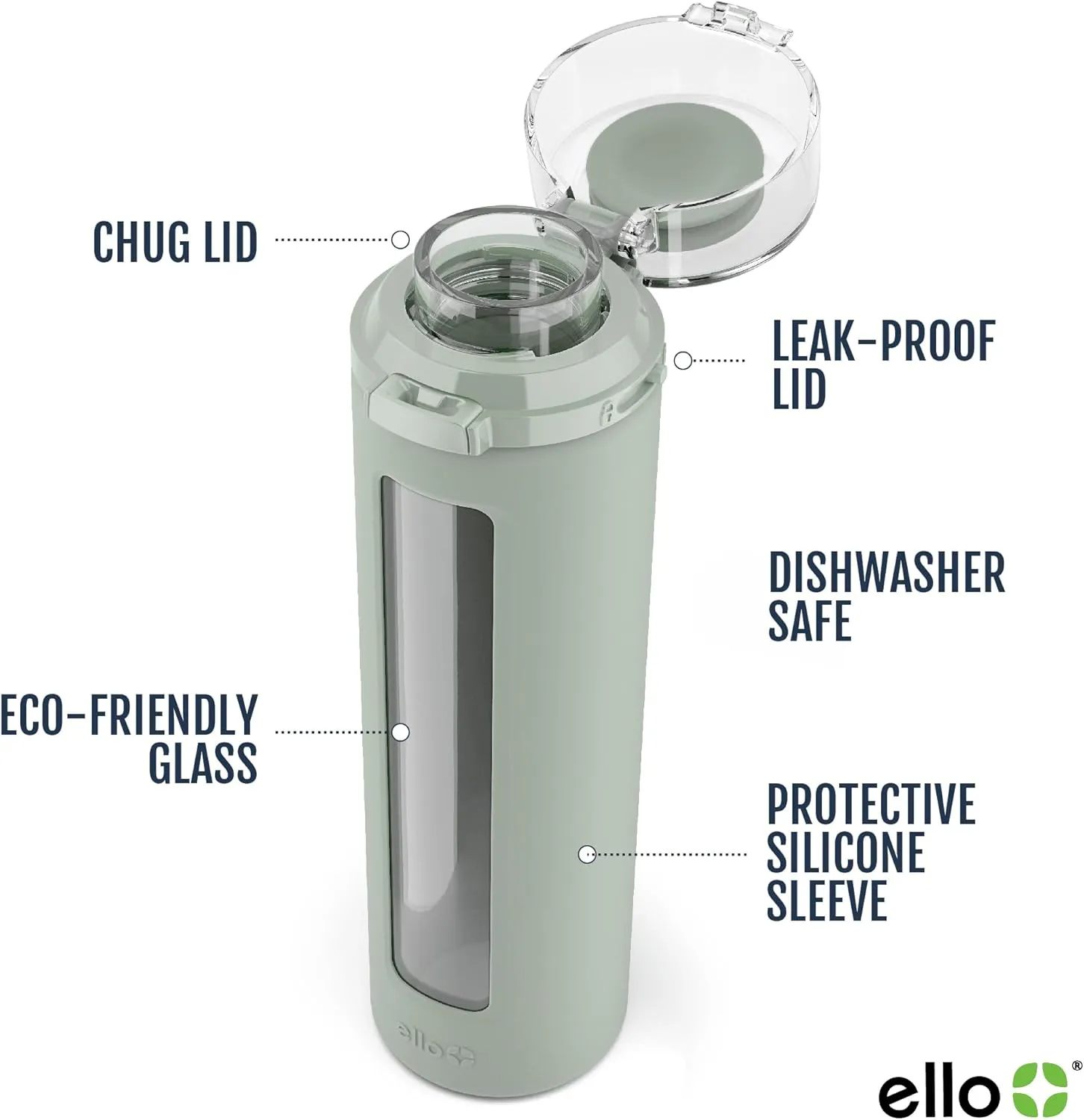 Ello Syndicate 20oz Reusable Glass Water Bottle with One-Touch Leak Proof Flip Lid and Protective Non-Slip Silicone Sleeve and Carry Loop for Coffee, Tea and Water, BPA-free Dishwasher Safe