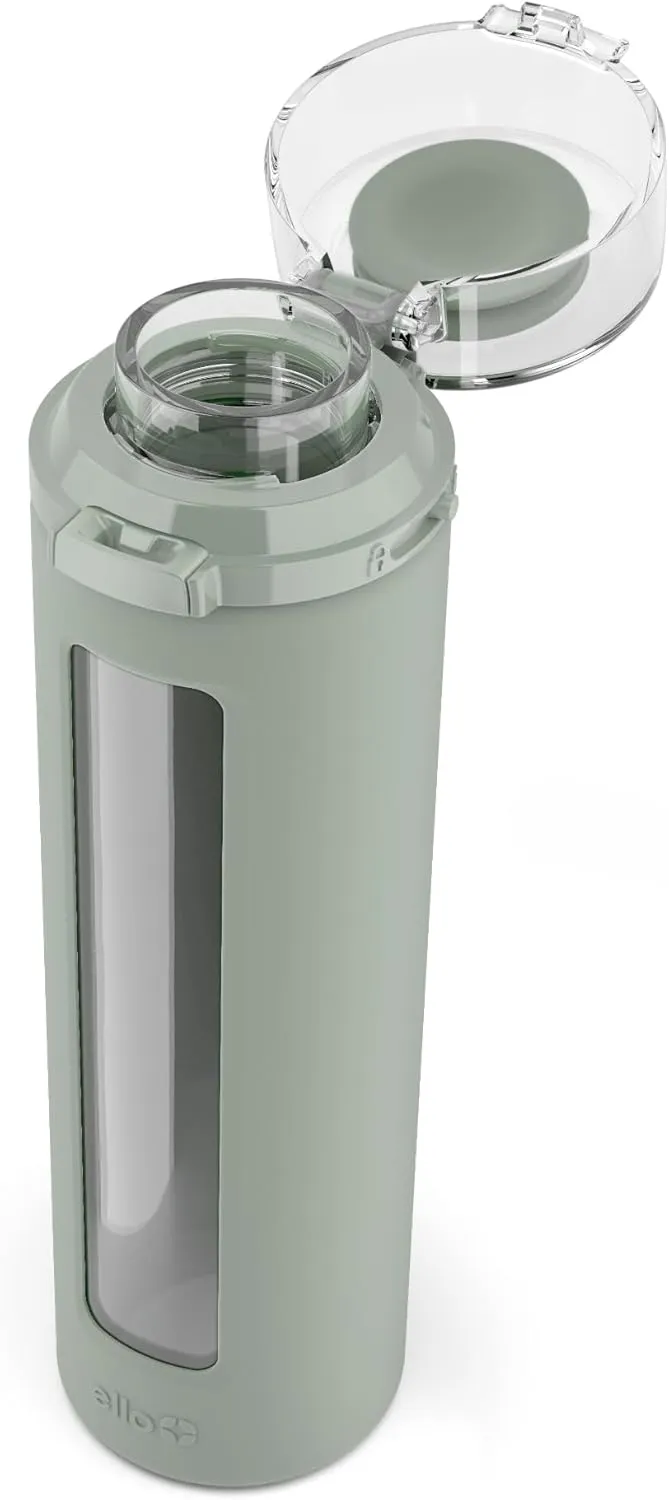 Ello Syndicate 20oz Reusable Glass Water Bottle with One-Touch Leak Proof Flip Lid and Protective Non-Slip Silicone Sleeve and Carry Loop for Coffee, Tea and Water, BPA-free Dishwasher Safe