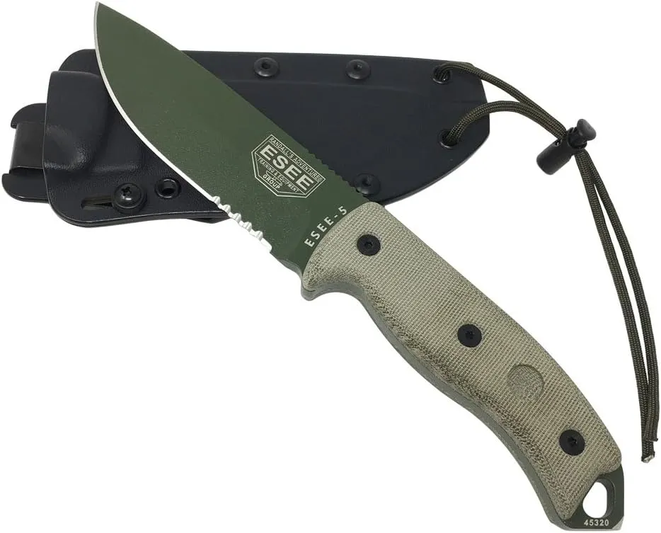 ESEE Authentic Model 5 Tactical Survival Fixed Blade Knife - Ambidextrous Kydex Sheath - SERE Team Designed (ESEE-5S-OD-E)