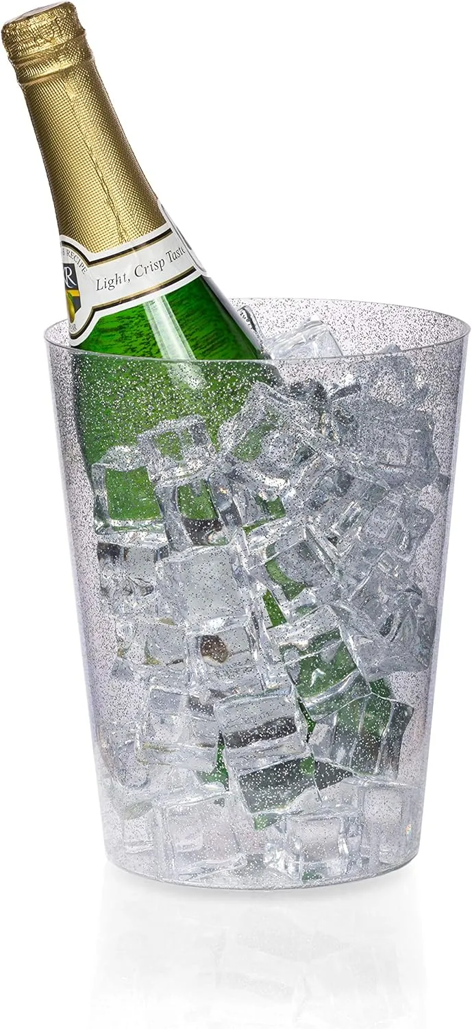 Exquisite 6 Pack of 96 Ounce Disposable Silver Glitter Clear Plastic Ice Bucket for Parties - Good As One Large Champagne Chiller Or Classic Wine Bottle Chiller