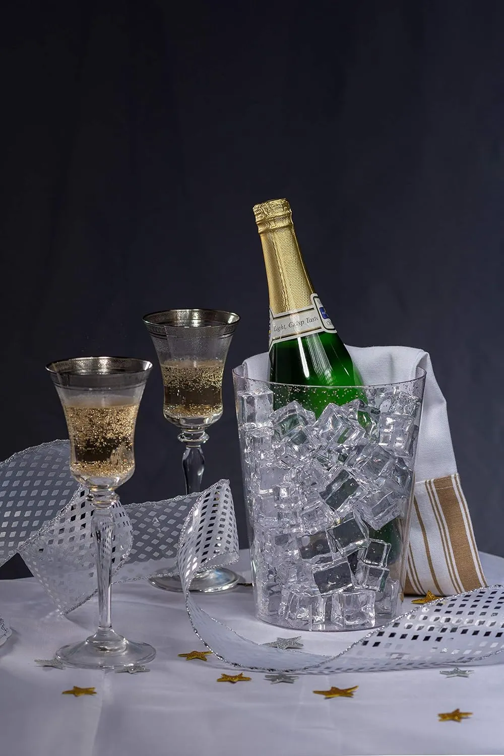 Exquisite 6 Pack of 96 Ounce Disposable Silver Glitter Clear Plastic Ice Bucket for Parties - Good As One Large Champagne Chiller Or Classic Wine Bottle Chiller
