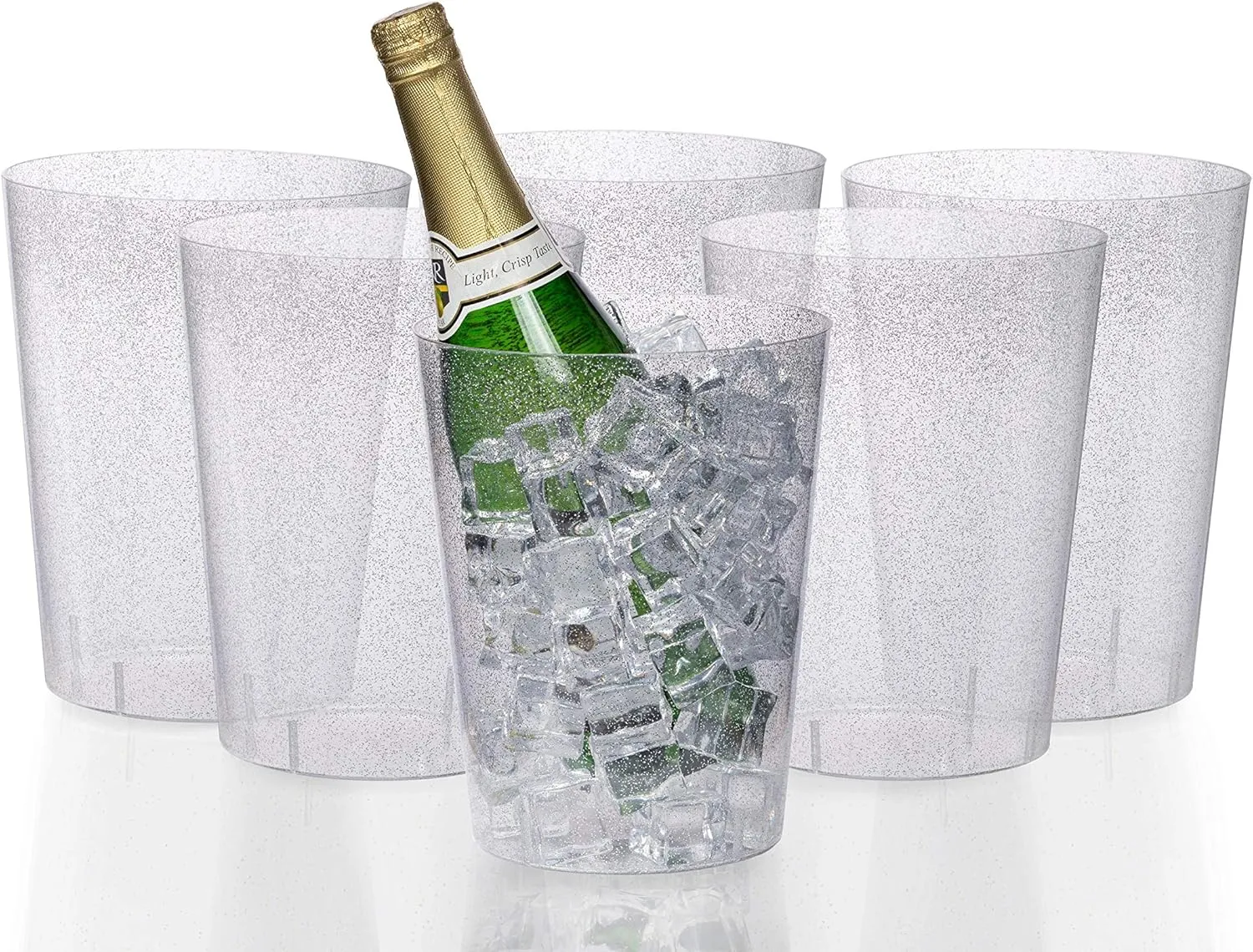 Exquisite 6 Pack of 96 Ounce Disposable Silver Glitter Clear Plastic Ice Bucket for Parties - Good As One Large Champagne Chiller Or Classic Wine Bottle Chiller