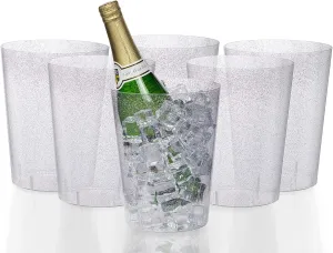 Exquisite 6 Pack of 96 Ounce Disposable Silver Glitter Clear Plastic Ice Bucket for Parties - Good As One Large Champagne Chiller Or Classic Wine Bottle Chiller