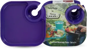 Fancy Panz Party Plates, Reusable Plates for Parties, Made in the USA Plastic Plate with Built In Cup Holder, Camping, Picnic Accessories, Pack of 4, Purple