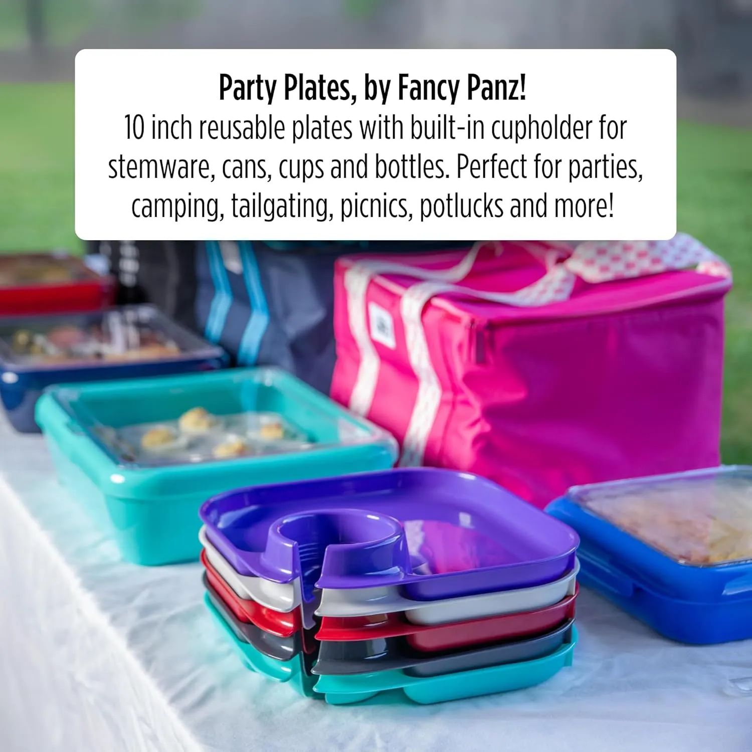 Fancy Panz Party Plates, Reusable Plates for Parties, Made in the USA Plastic Plate with Built In Cup Holder, Camping, Picnic Accessories, Pack of 4, Purple