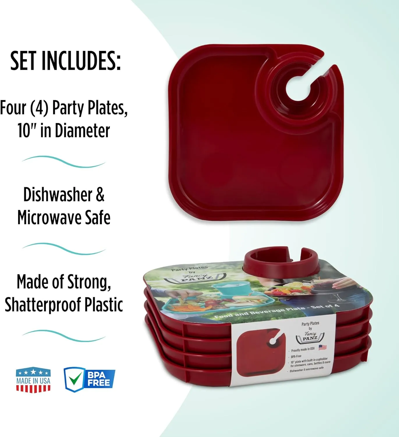 Fancy Panz Party Plates, Reusable Plates for Parties, Made in the USA Plastic Plate with Built In Cup Holder, Camping, Picnic Accessories, Pack of 4, Purple