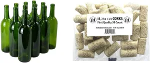 FastRack Green Wine Bottles, 750 ml Capacity (Pack of 12), 750ml & Bag of 30 8 Premium Straight Wine Corks for Wine Bottles from Brand Name - 7/8" x 1-3/4"