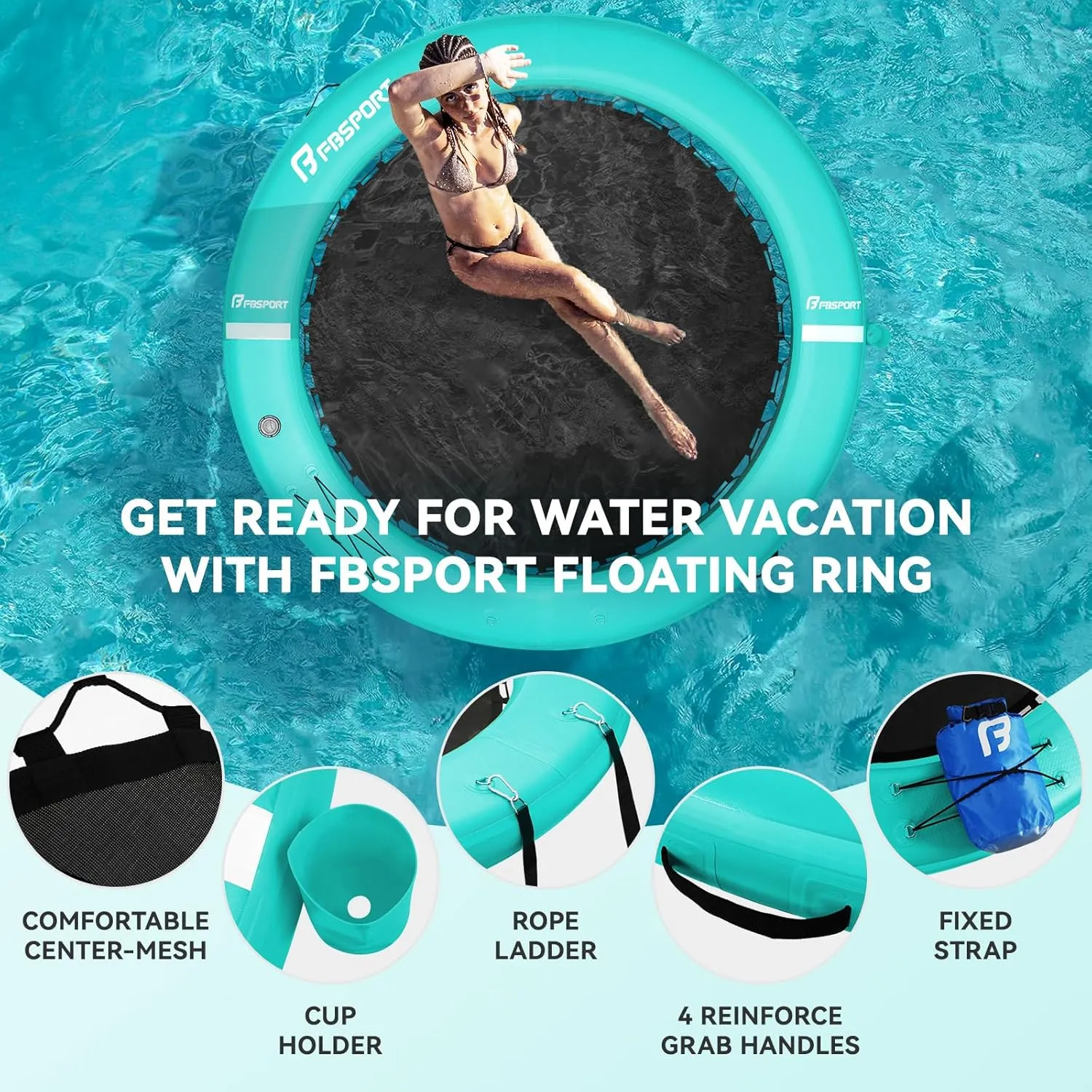 FBSPORT Inflatable Dock Floating Platform, Inflatable Water Hammock Floating Deck for Lake W/Cupholder, Round Floating Ring Sunchill Float Ring, Pool Float Raft Lounger Island Platform Pad