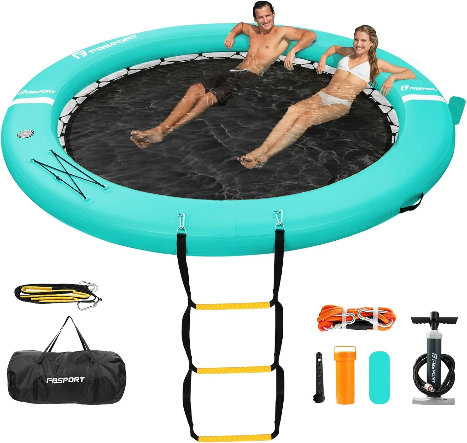 FBSPORT Inflatable Dock Floating Platform, Inflatable Water Hammock Floating Deck for Lake W/Cupholder, Round Floating Ring Sunchill Float Ring, Pool Float Raft Lounger Island Platform Pad