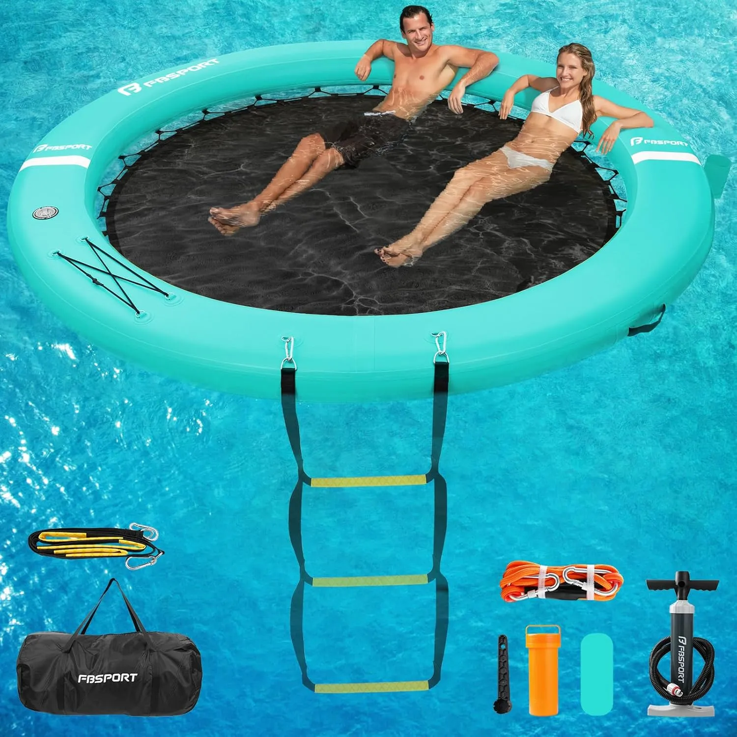 FBSPORT Inflatable Dock Floating Platform, Inflatable Water Hammock Floating Deck for Lake W/Cupholder, Round Floating Ring Sunchill Float Ring, Pool Float Raft Lounger Island Platform Pad