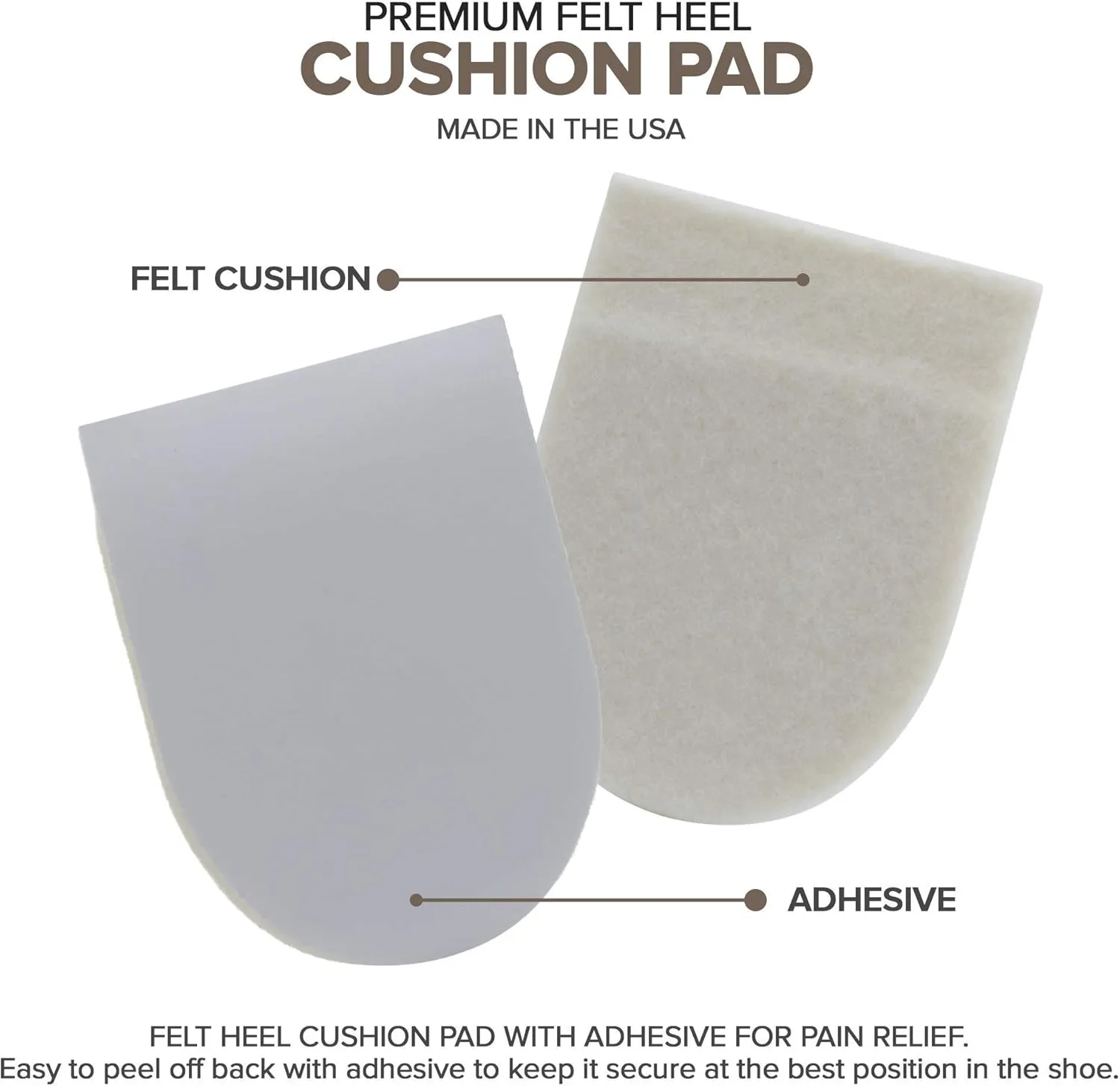 Felt Heel Cushion Pad 1/2" with Adhesive for Pain Relief - 2 Pairs (4 Pieces)