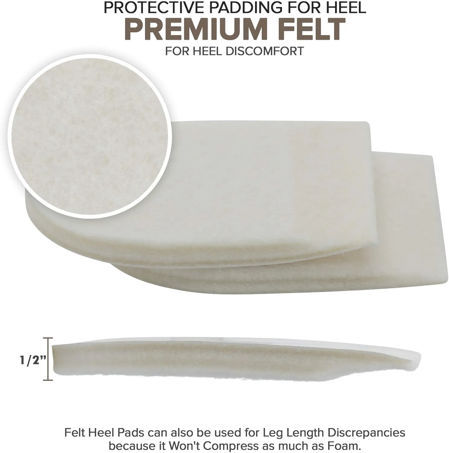 Felt Heel Cushion Pad 1/2" with Adhesive for Pain Relief - 2 Pairs (4 Pieces)