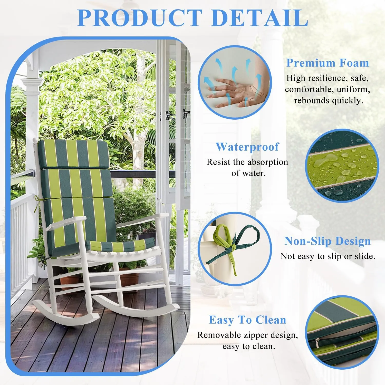 FILUXE Indoor/Outdoor One Piece High Back Chair Seat/Back Patio Cushion with Ties, 45.5" x 20",Fade-Resistant & Seasonal All Weather Replacement, Blue&Green Stripe