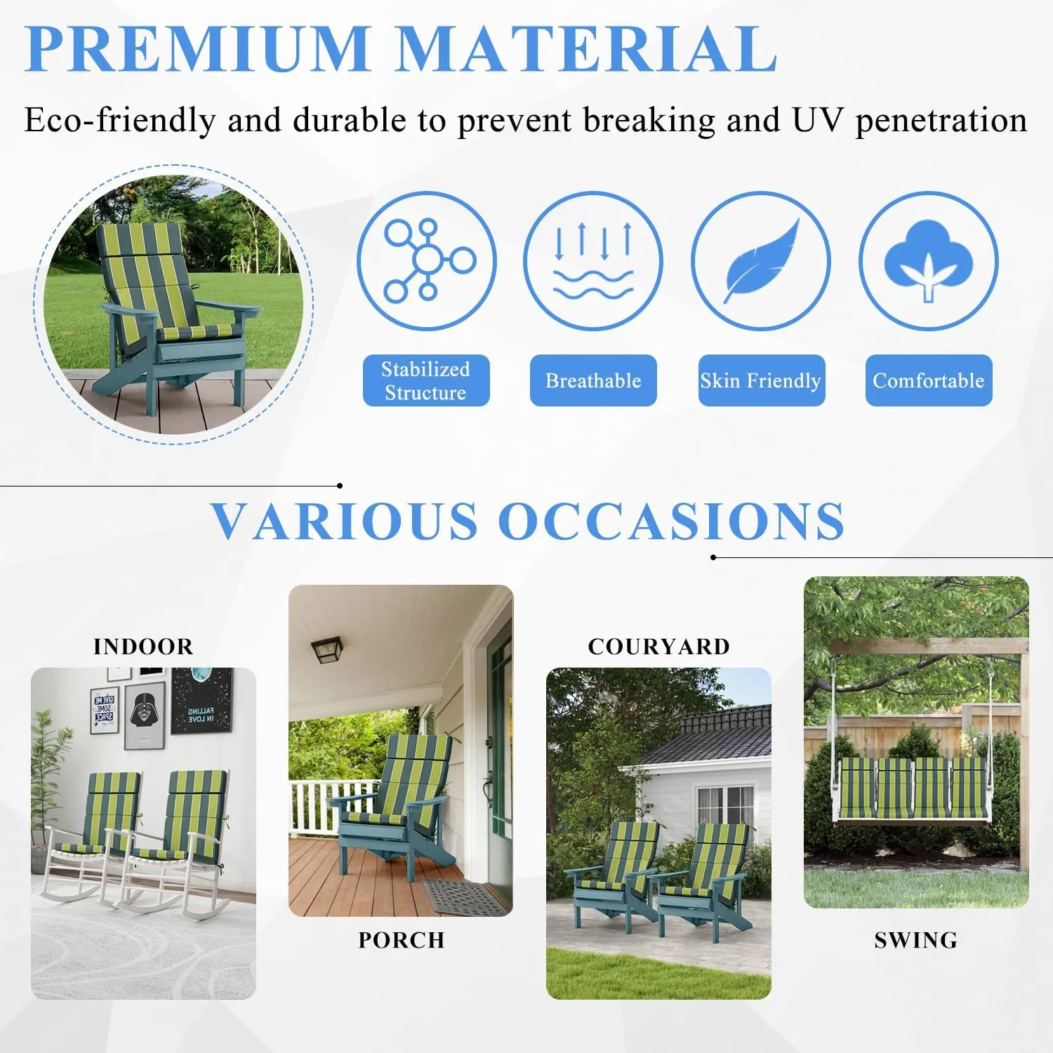 FILUXE Indoor/Outdoor One Piece High Back Chair Seat/Back Patio Cushion with Ties, 45.5" x 20",Fade-Resistant & Seasonal All Weather Replacement, Blue&Green Stripe