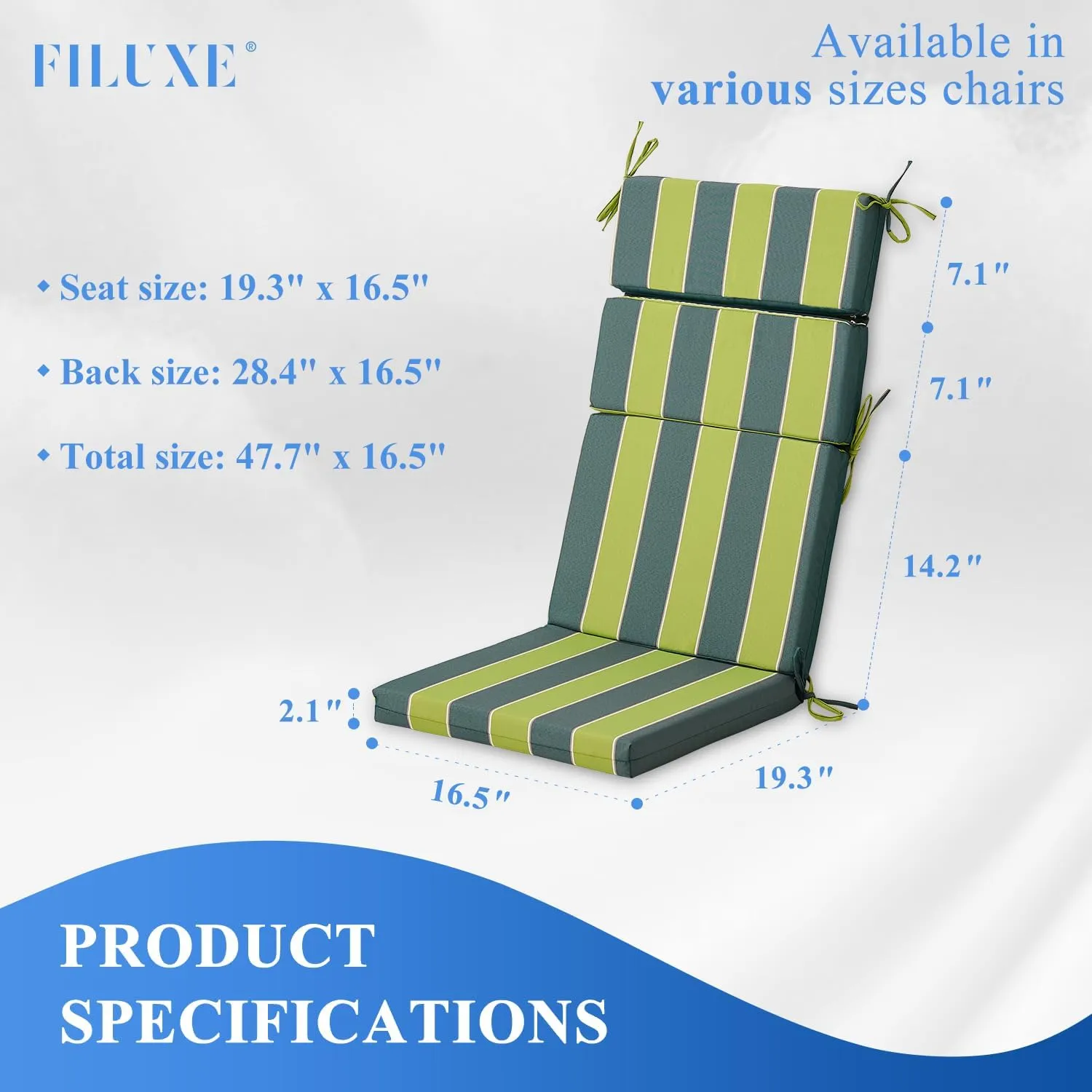 FILUXE Indoor/Outdoor One Piece High Back Chair Seat/Back Patio Cushion with Ties, 45.5" x 20",Fade-Resistant & Seasonal All Weather Replacement, Blue&Green Stripe