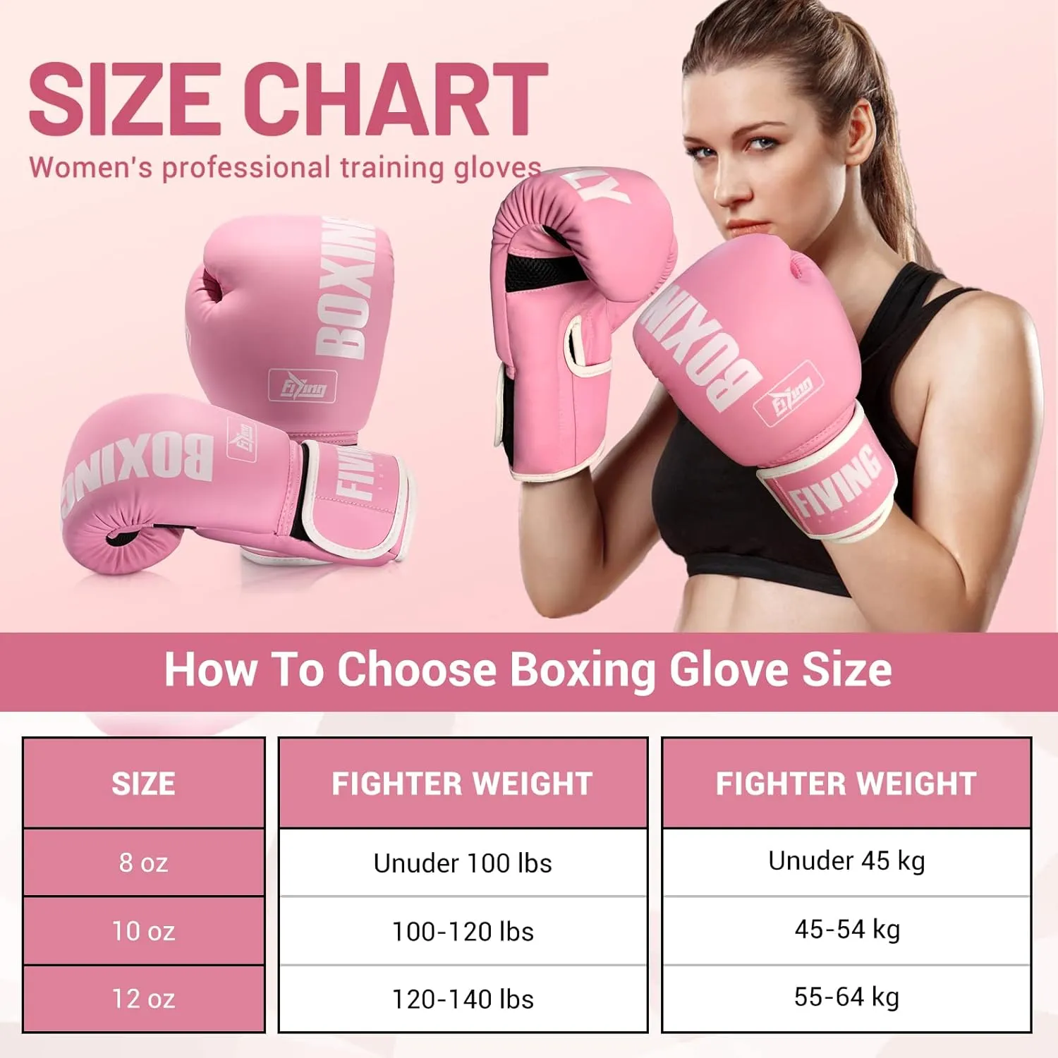 FIVING Pro Style Boxing Gloves for Women, PU Leather, Training Muay Thai,Sparring,Fighting Kickboxing,Adult Heavy Punching Bag Gloves Mitts Focus Pad Workout for Ladies