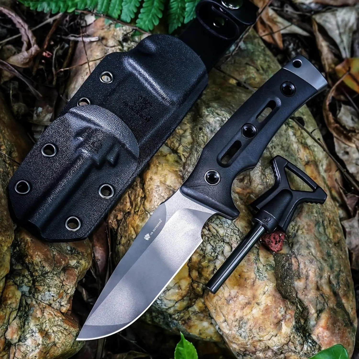 Fixed Blade Knife with Fire Starter, Premium DC53 Steel Full Tang Tactical Knives for Men, Bushcraft Survival Camping Knife with Kydex Sheath for EDC, Outdoor (Gray)