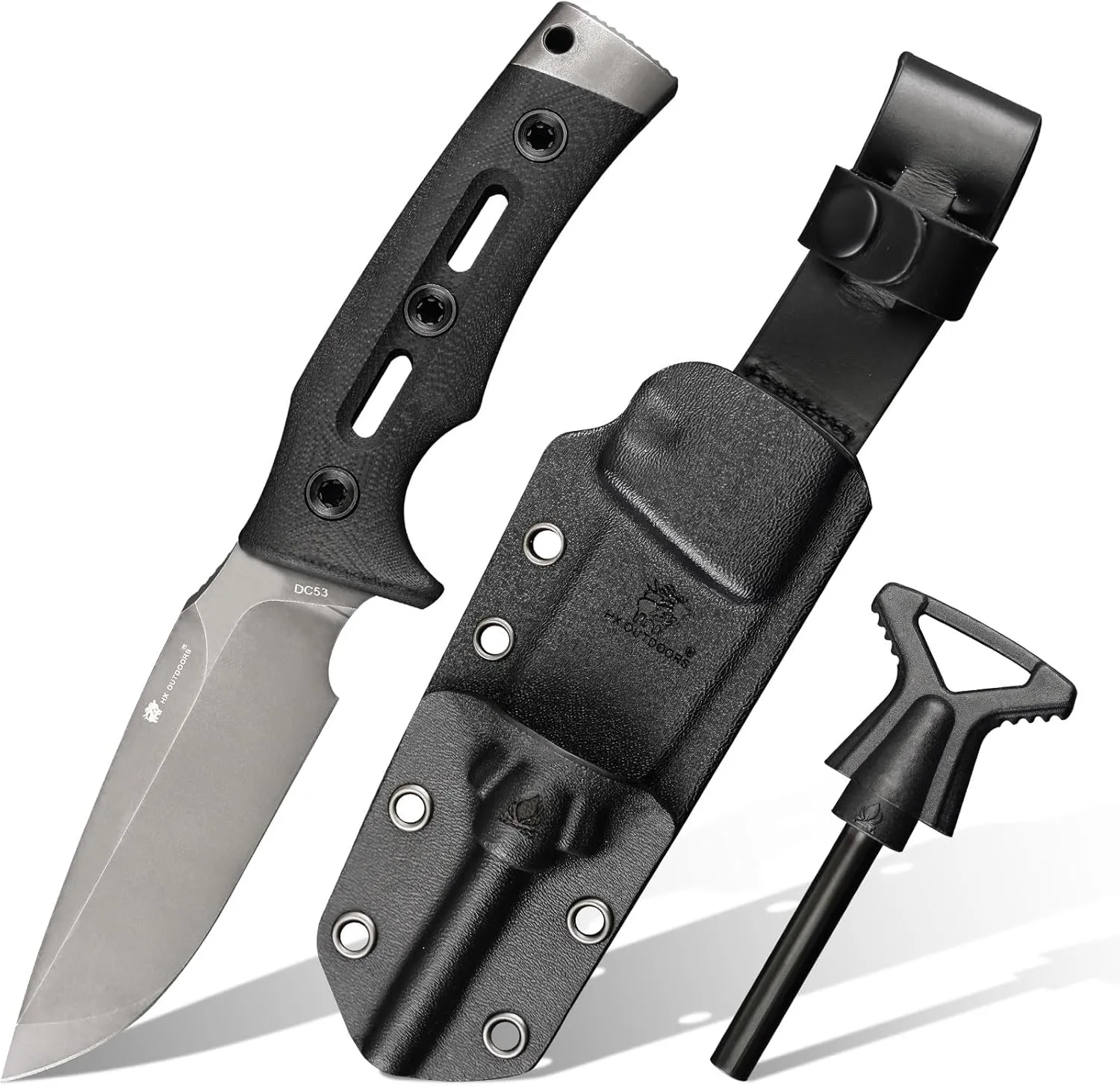 Fixed Blade Knife with Fire Starter, Premium DC53 Steel Full Tang Tactical Knives for Men, Bushcraft Survival Camping Knife with Kydex Sheath for EDC, Outdoor (Gray)