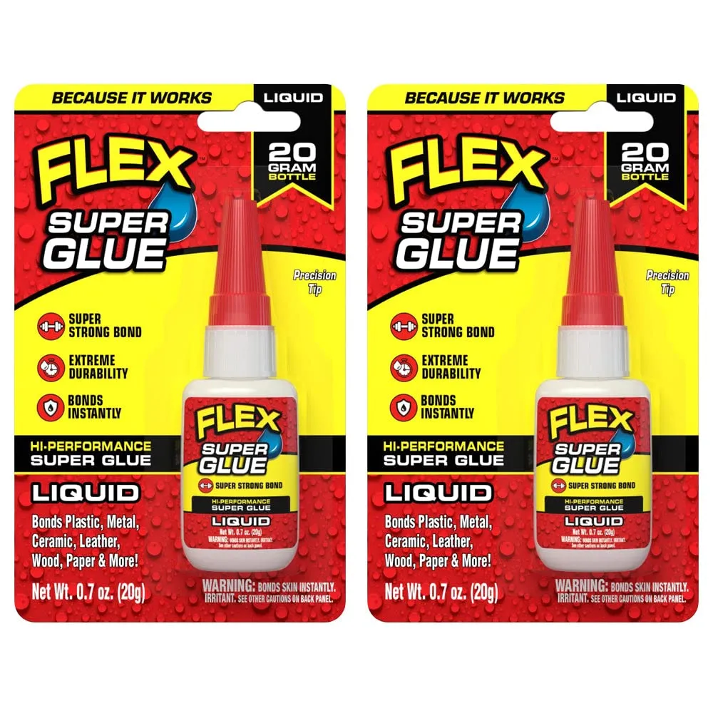 Flex Super Glue Liquid, 20 Gram Bottle, 2-Pack, Clear, Instant Bond, Quick Dry, Cyanoacrylate Adhesive, Precision Tip for Wood, Metal, Plastic, Crafts, Ceramic, and Toy Repairs