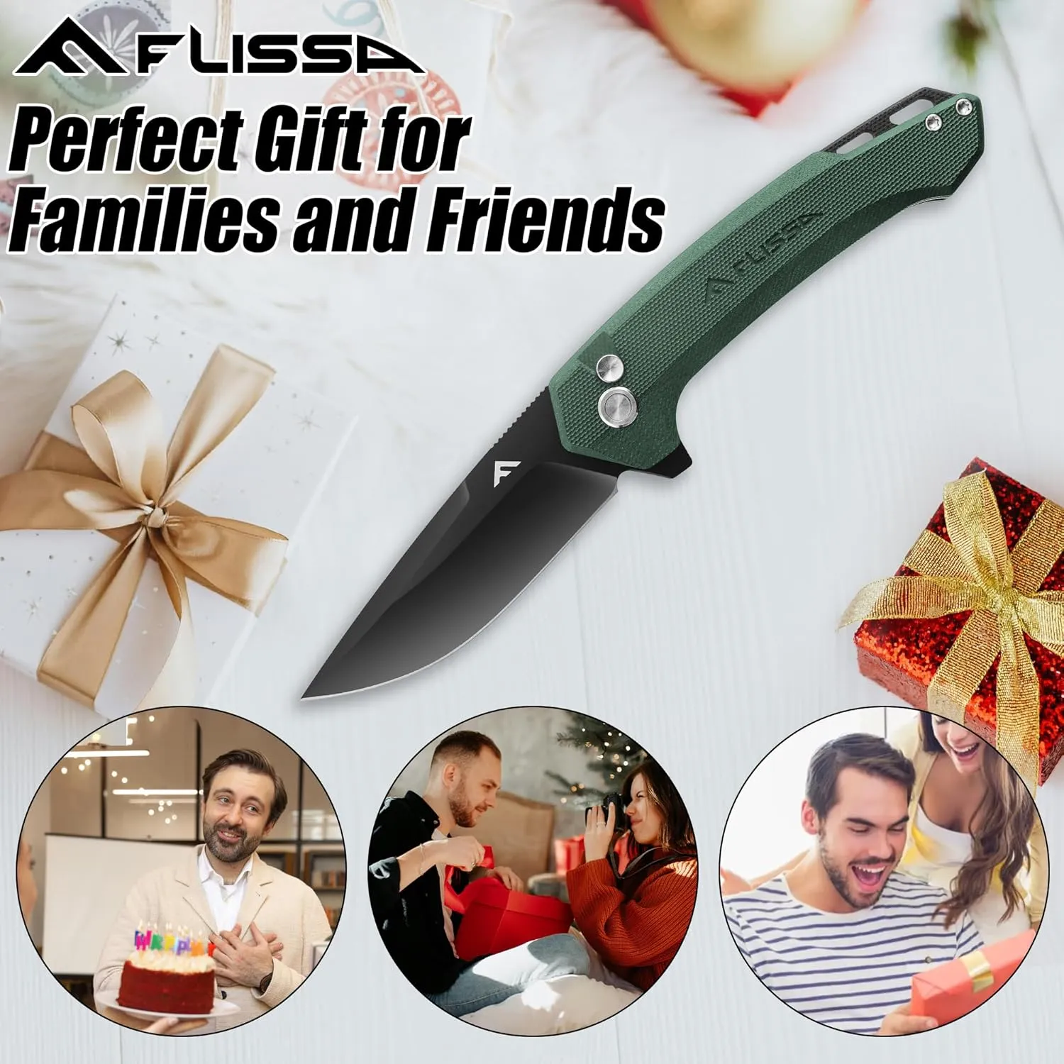 FLISSA Pocket Folding Knife, 3.2” D2 Blade G10 Handle EDC Knife with Button Lock and Pocket Clip for Hunting, Camping, Survival, Outdoor Activities(Green)