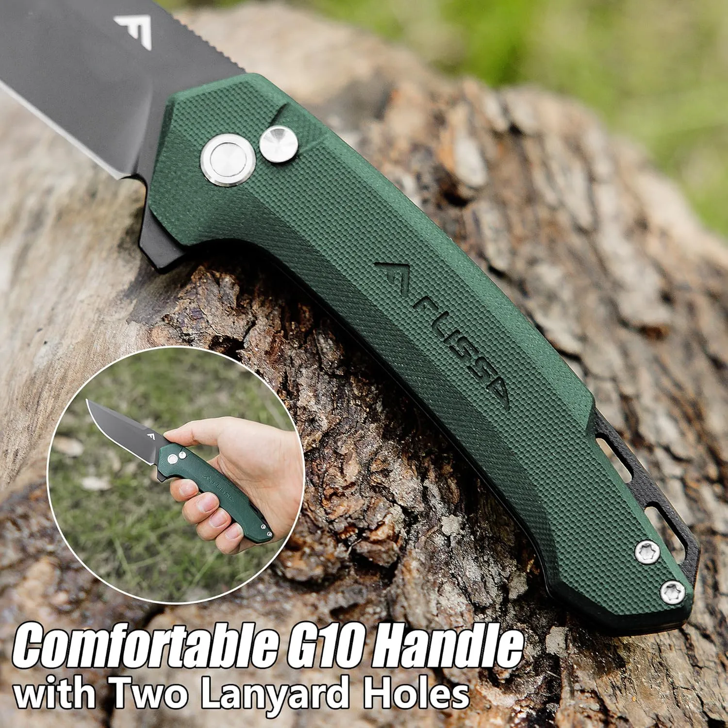 FLISSA Pocket Folding Knife, 3.2” D2 Blade G10 Handle EDC Knife with Button Lock and Pocket Clip for Hunting, Camping, Survival, Outdoor Activities(Green)