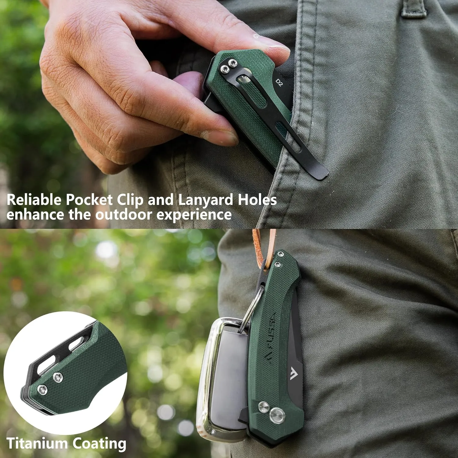 FLISSA Pocket Folding Knife, 3.2” D2 Blade G10 Handle EDC Knife with Button Lock and Pocket Clip for Hunting, Camping, Survival, Outdoor Activities(Green)
