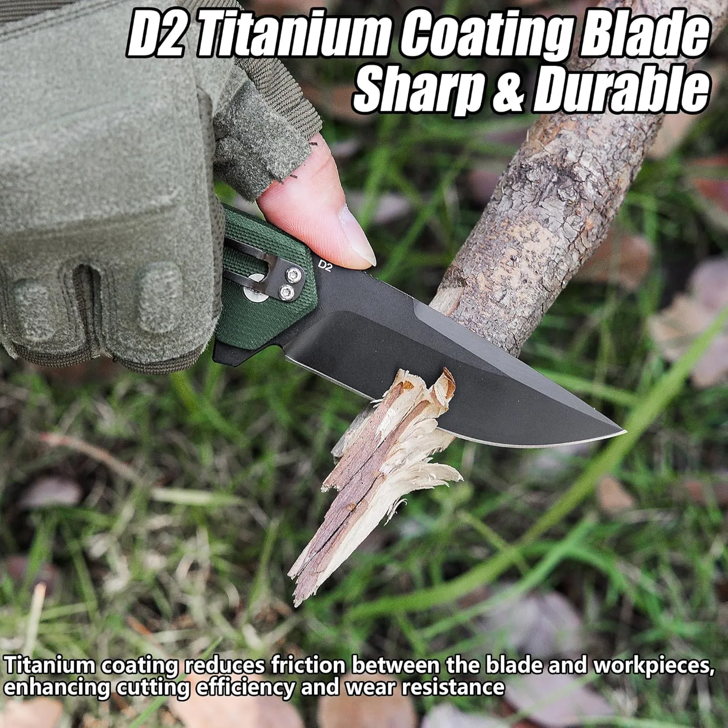 FLISSA Pocket Folding Knife, 3.2” D2 Blade G10 Handle EDC Knife with Button Lock and Pocket Clip for Hunting, Camping, Survival, Outdoor Activities(Green)