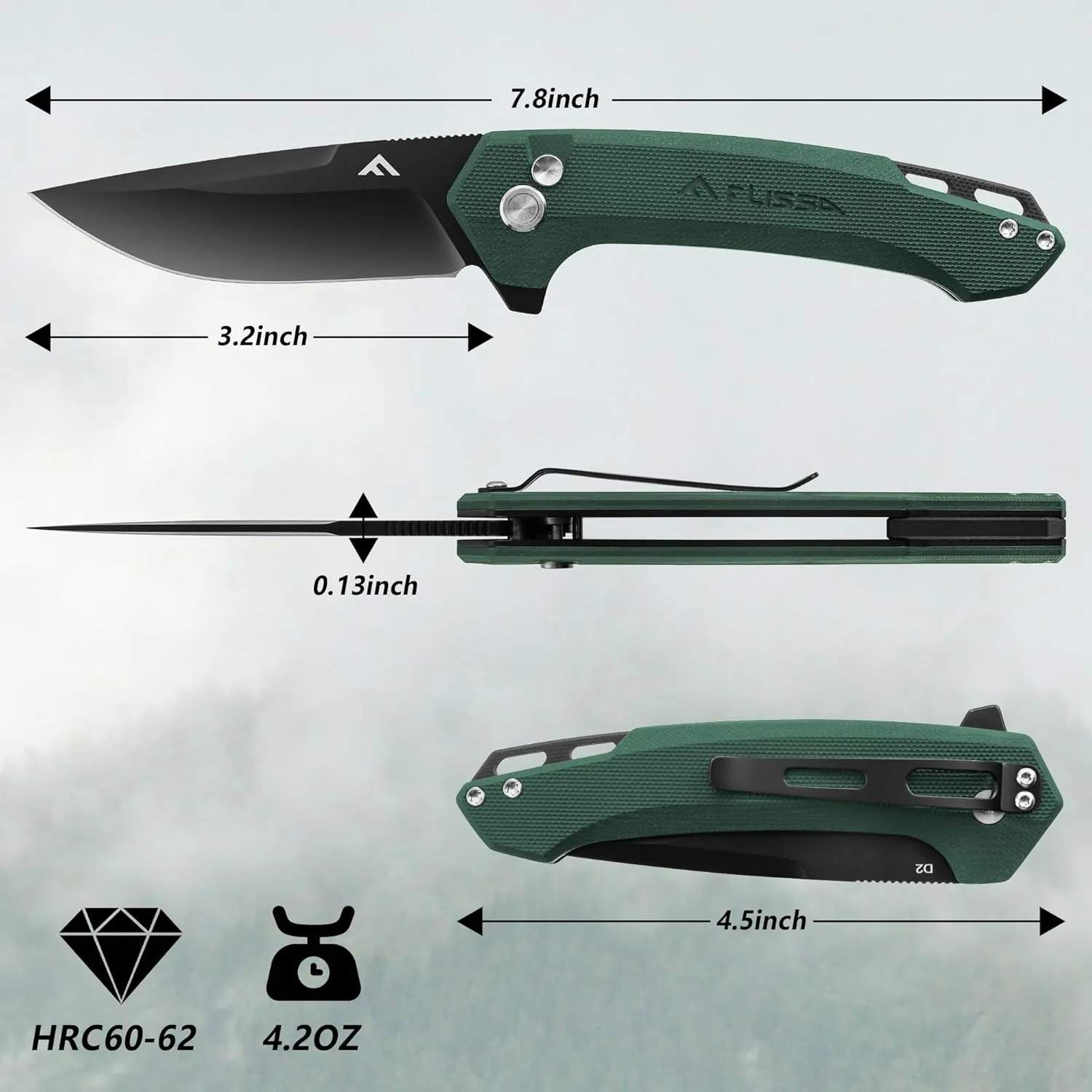 FLISSA Pocket Folding Knife, 3.2” D2 Blade G10 Handle EDC Knife with Button Lock and Pocket Clip for Hunting, Camping, Survival, Outdoor Activities(Green)