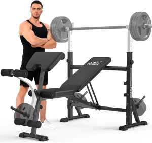 FLYBIRD Olympic Adjustable Weight Bench, with Bench Press Rack, Leg Extension and Leg Curl, for Home Gym Workout (2 Size Options)