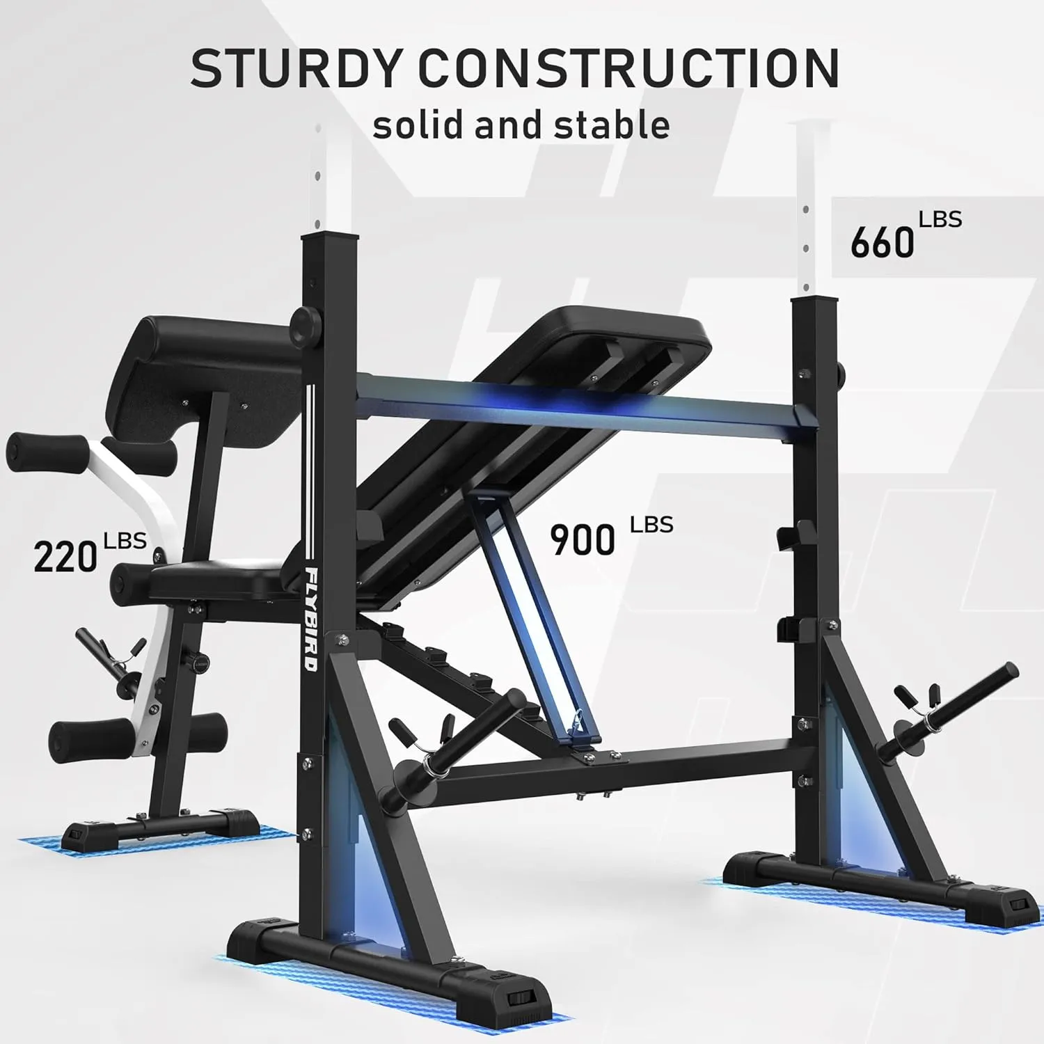 FLYBIRD Olympic Adjustable Weight Bench, with Bench Press Rack, Leg Extension and Leg Curl, for Home Gym Workout (2 Size Options)