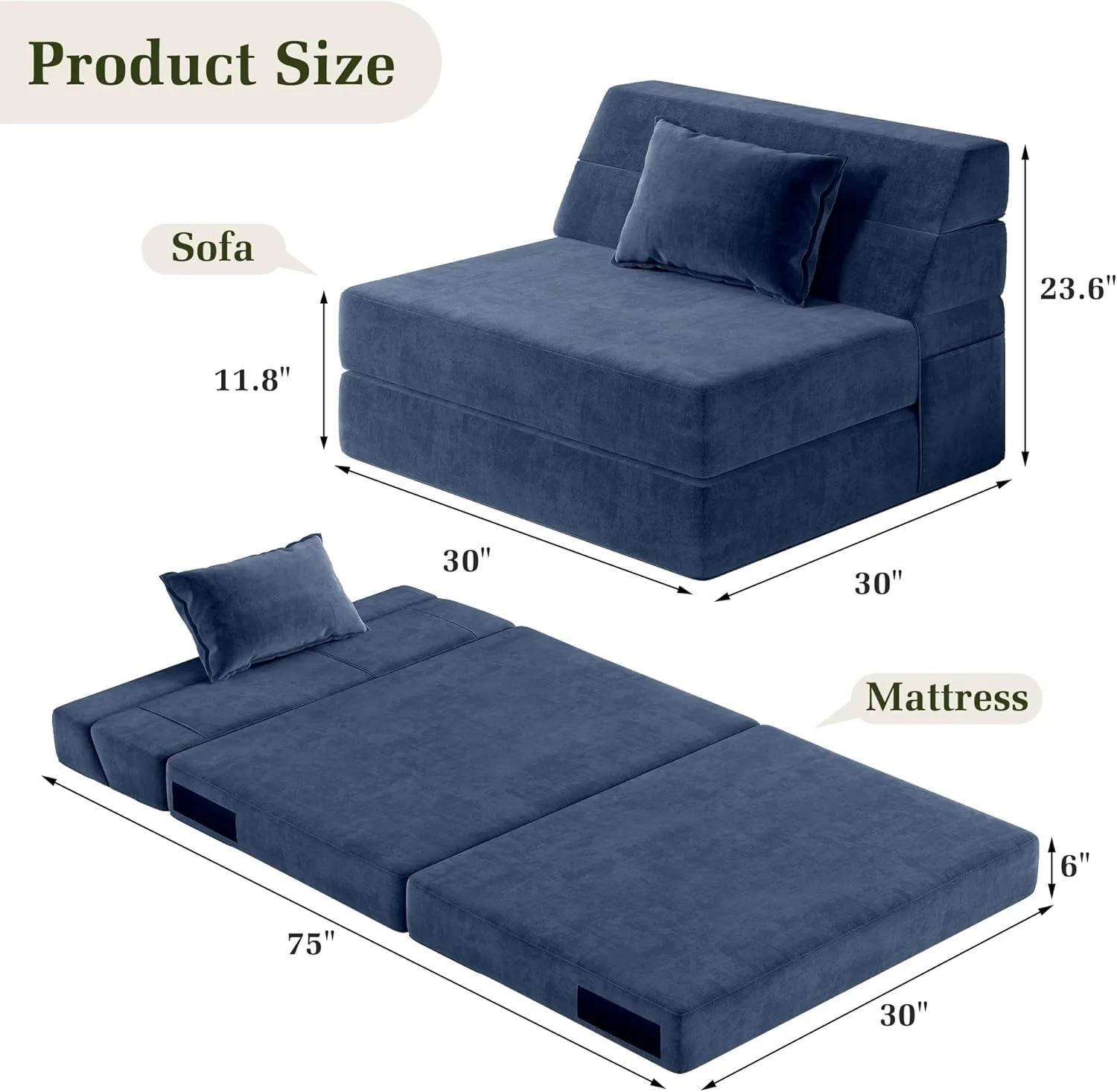 Folding Sofa Bed Convertible Sleeper Chair with Pillow Fold Out Couch Memory Foam Floor Mattress Portable Futon Sofa Bed Lazy Sofa for Living Room/Dorm/Guest Room/Home Office, Single, Navy Blue