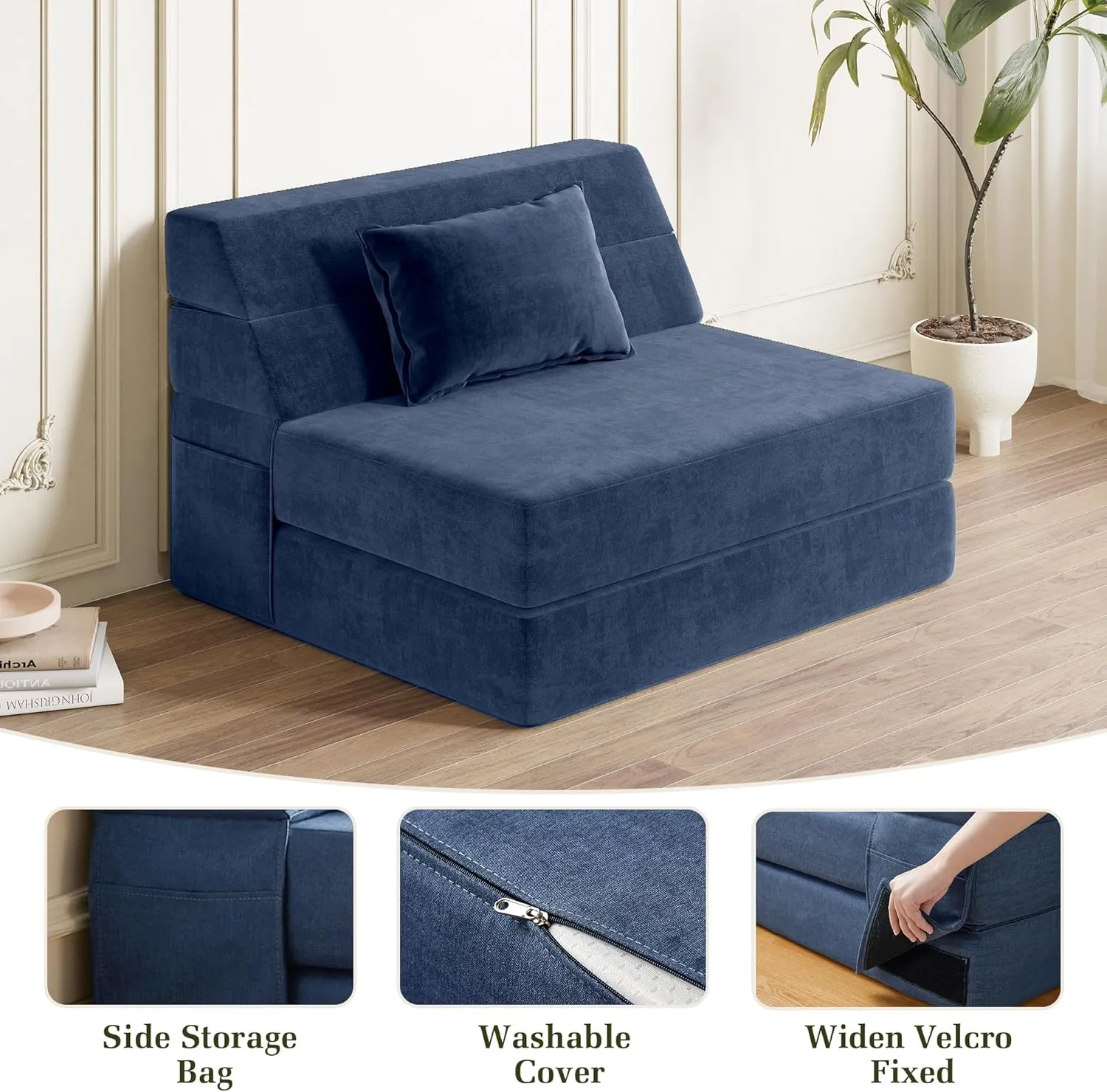 Folding Sofa Bed Convertible Sleeper Chair with Pillow Fold Out Couch Memory Foam Floor Mattress Portable Futon Sofa Bed Lazy Sofa for Living Room/Dorm/Guest Room/Home Office, Single, Navy Blue