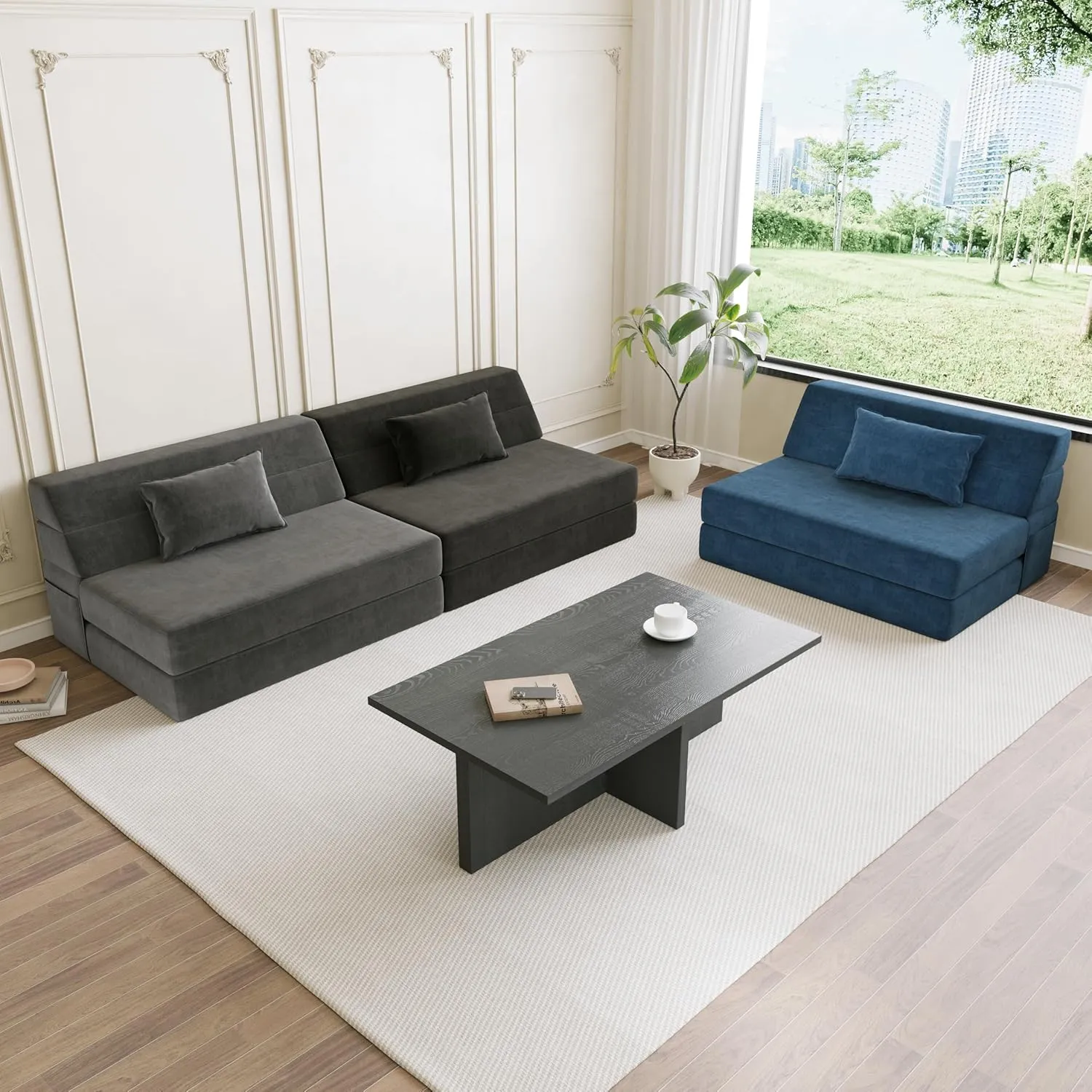 Folding Sofa Bed Convertible Sleeper Chair with Pillow Fold Out Couch Memory Foam Floor Mattress Portable Futon Sofa Bed Lazy Sofa for Living Room/Dorm/Guest Room/Home Office, Single, Navy Blue