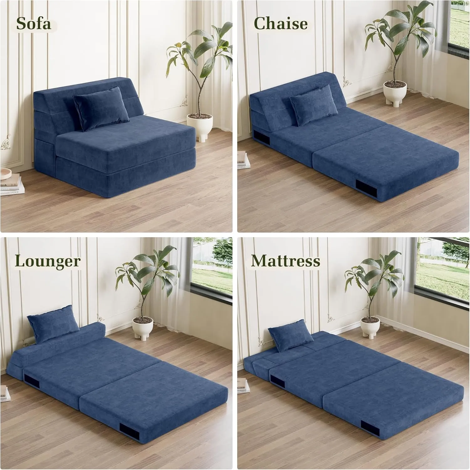 Folding Sofa Bed Convertible Sleeper Chair with Pillow Fold Out Couch Memory Foam Floor Mattress Portable Futon Sofa Bed Lazy Sofa for Living Room/Dorm/Guest Room/Home Office, Single, Navy Blue