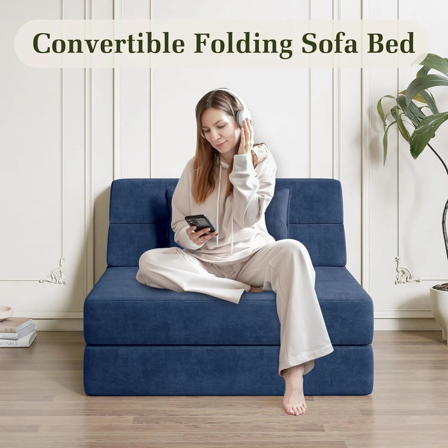 Folding Sofa Bed Convertible Sleeper Chair with Pillow Fold Out Couch Memory Foam Floor Mattress Portable Futon Sofa Bed Lazy Sofa for Living Room/Dorm/Guest Room/Home Office, Single, Navy Blue