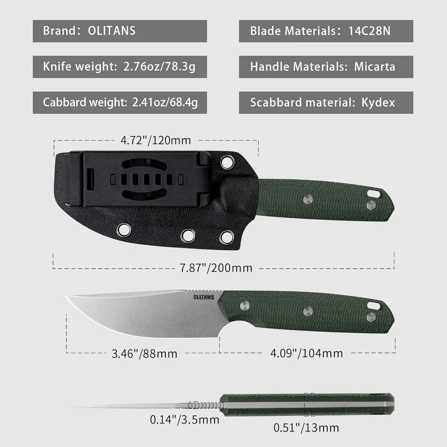 G063 Fixed Blade Knife 3.46'' 14C28N steel Blade, 4.09'' Micarta handle Field Utility Knife with Kydex Sheath for Outdoor Camping Hiking